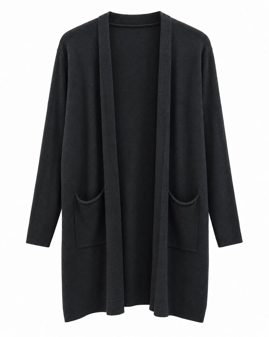 Cardigan Cozy negro curvy largo abierto con bolsillos delanteros