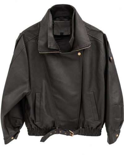 Cazadora biker oversize chocolate efecto piel con cremallera, cinturón y bolsillos