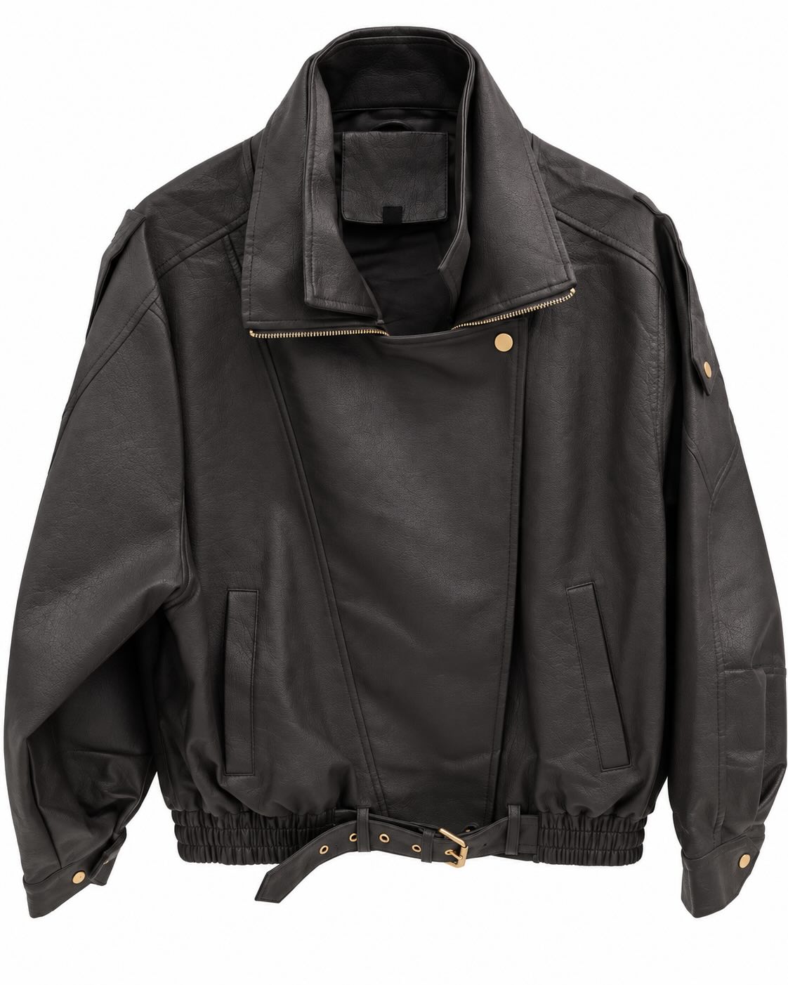 Cazadora biker oversize chocolate efecto piel con cremallera, cinturón y bolsillos