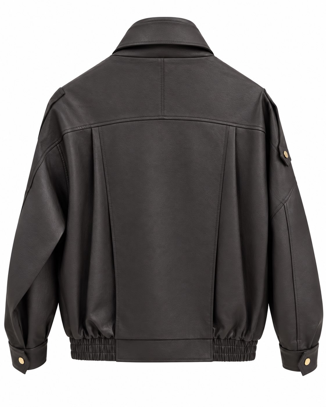 Cazadora biker oversize chocolate efecto piel vista de espalda con corte amplio y bajo elástico