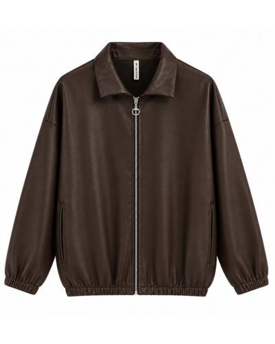 Cazadora bomber efecto piel chocolate con cremallera, cuello camisero y bolsillos laterales