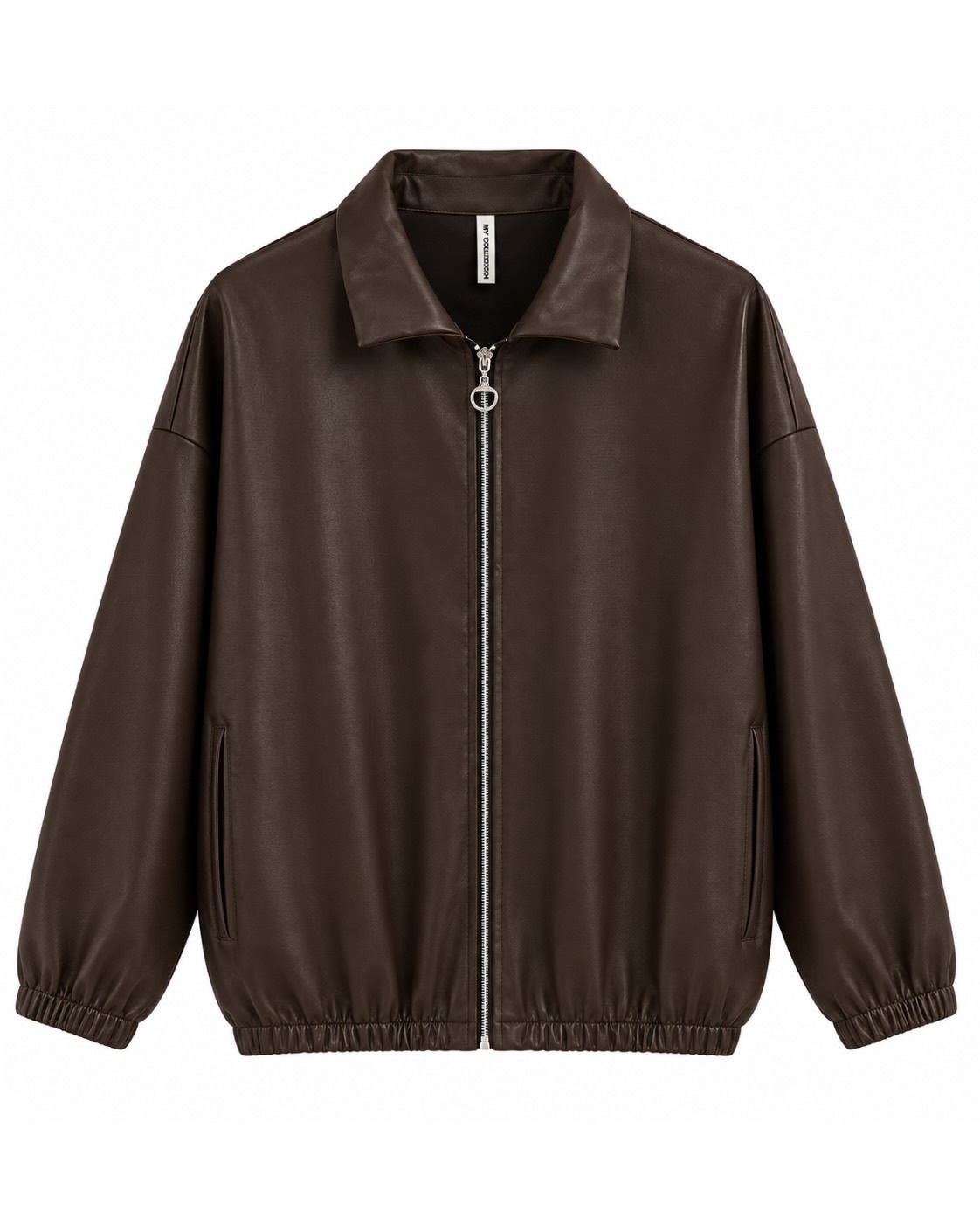 Cazadora bomber efecto piel chocolate con cremallera, cuello camisero y bolsillos laterales