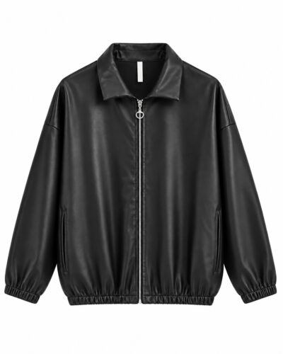 Cazadora bomber efecto piel negra con cremallera, cuello camisero y bolsillos laterales