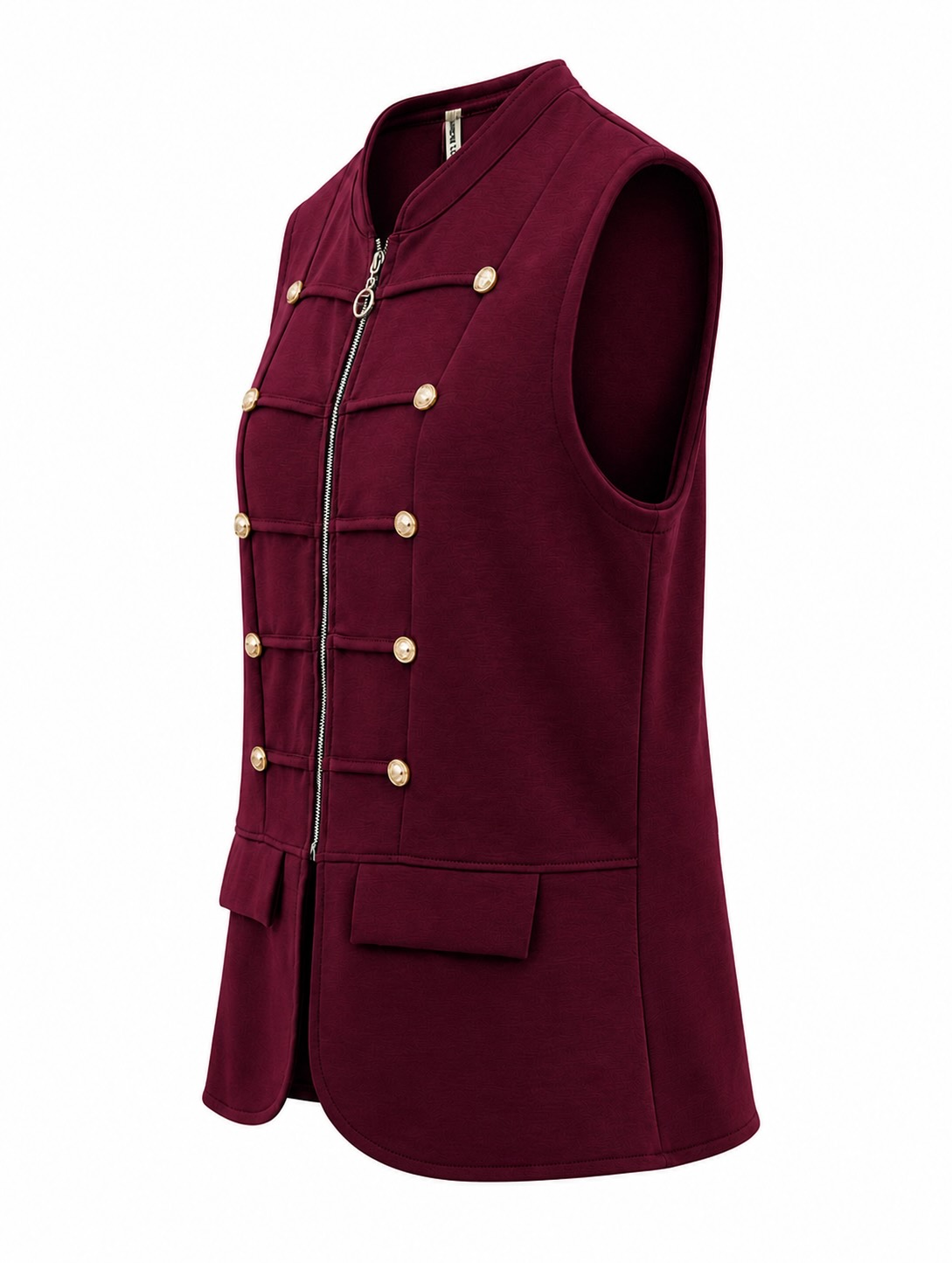 Lateral chaleco burdeos de estilo militar con cremallera, bolsillos y botones dorados.