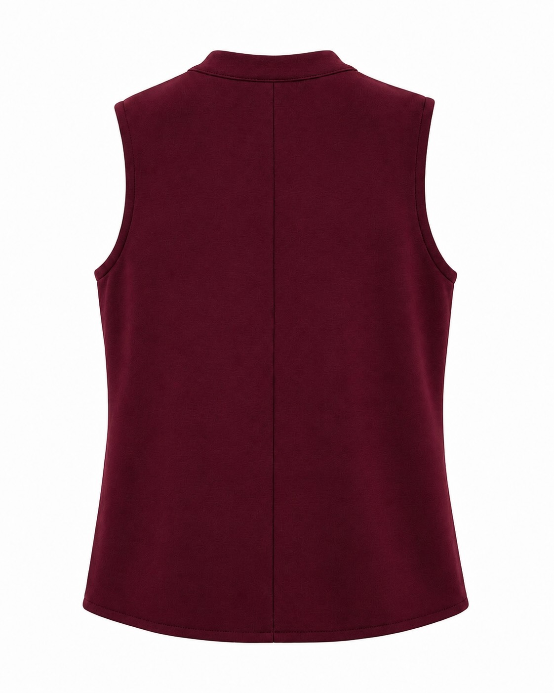 Espalda chaleco burdeos de estilo militar con cremallera, bolsillos y botones dorados.