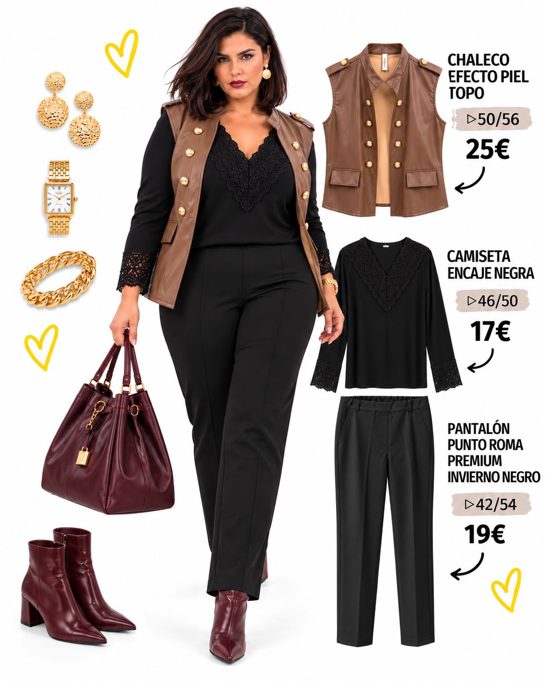completa el look del Chaleco militar efecto piel topo con botones dorados y tapetas decorativas