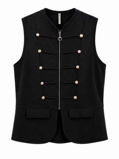 Delantero chaleco negro de estilo militar con cremallera, bolsillos y botones dorados.