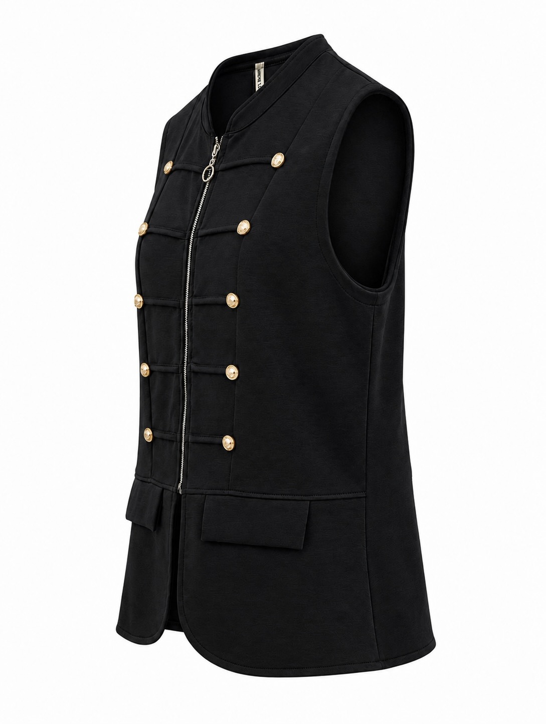 Lateral chaleco negro de estilo militar con cremallera, bolsillos y botones dorados.