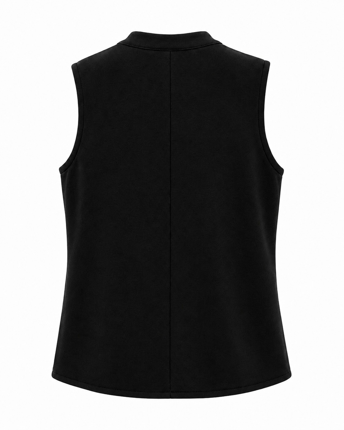 Espalda chaleco negro de estilo militar con cremallera, bolsillos y botones dorados.
