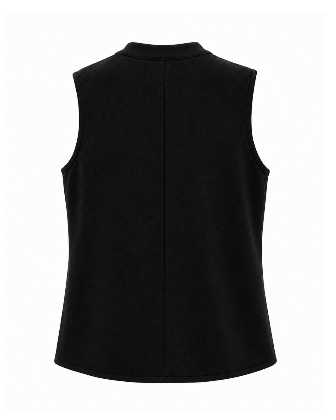 Espalda chaleco negro de estilo militar con cremallera, bolsillos y botones dorados.