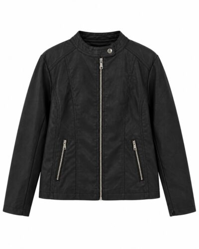 Chaqueta biker efecto piel negra con cremallera, cuello alto y bolsillos delanteros