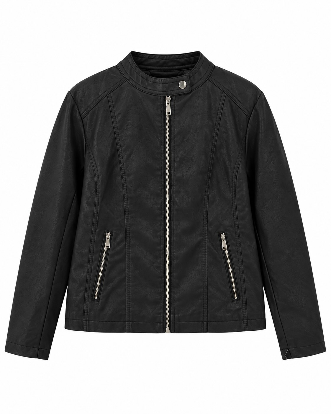 Chaqueta biker efecto piel negra con cremallera, cuello alto y bolsillos delanteros