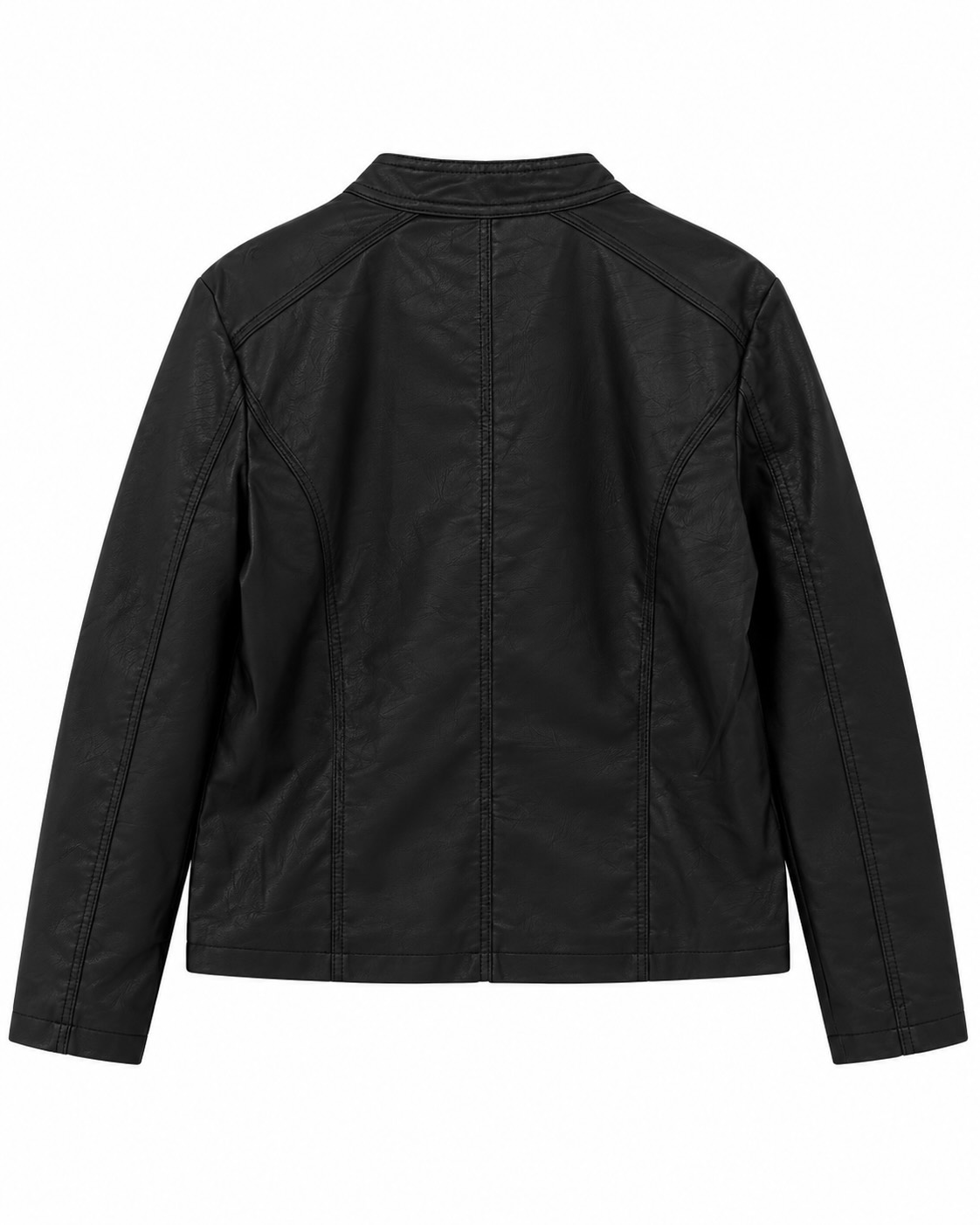 Vista de la espalda de la chaqueta biker efecto piel negra con costuras decorativas