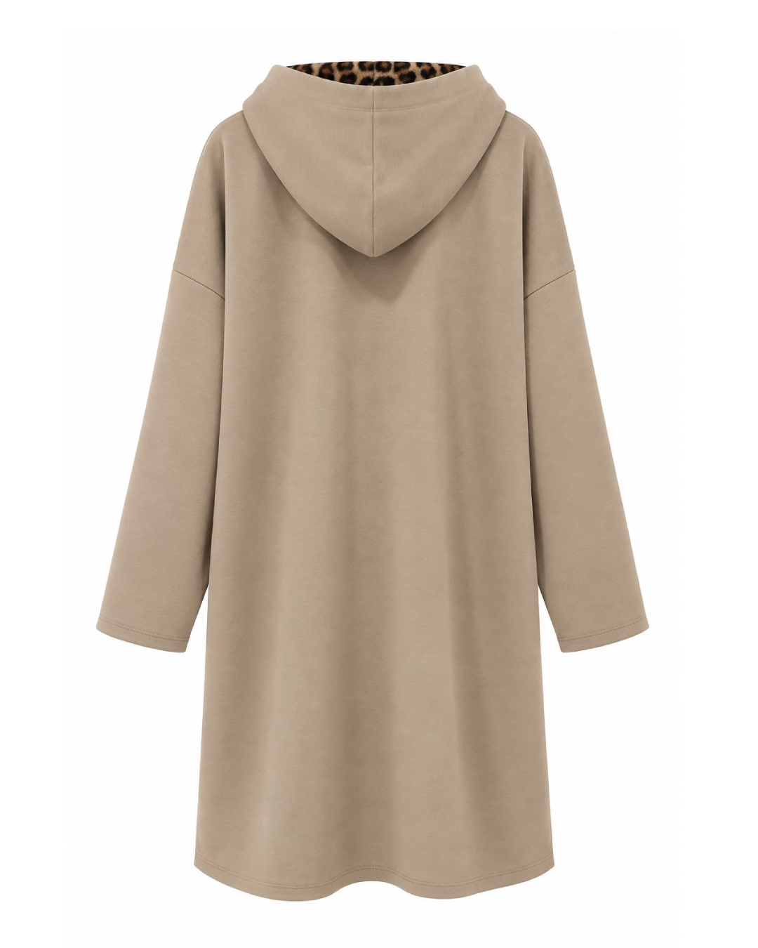 Vista de la espalda de la chaqueta beige con capucha y corte holgado