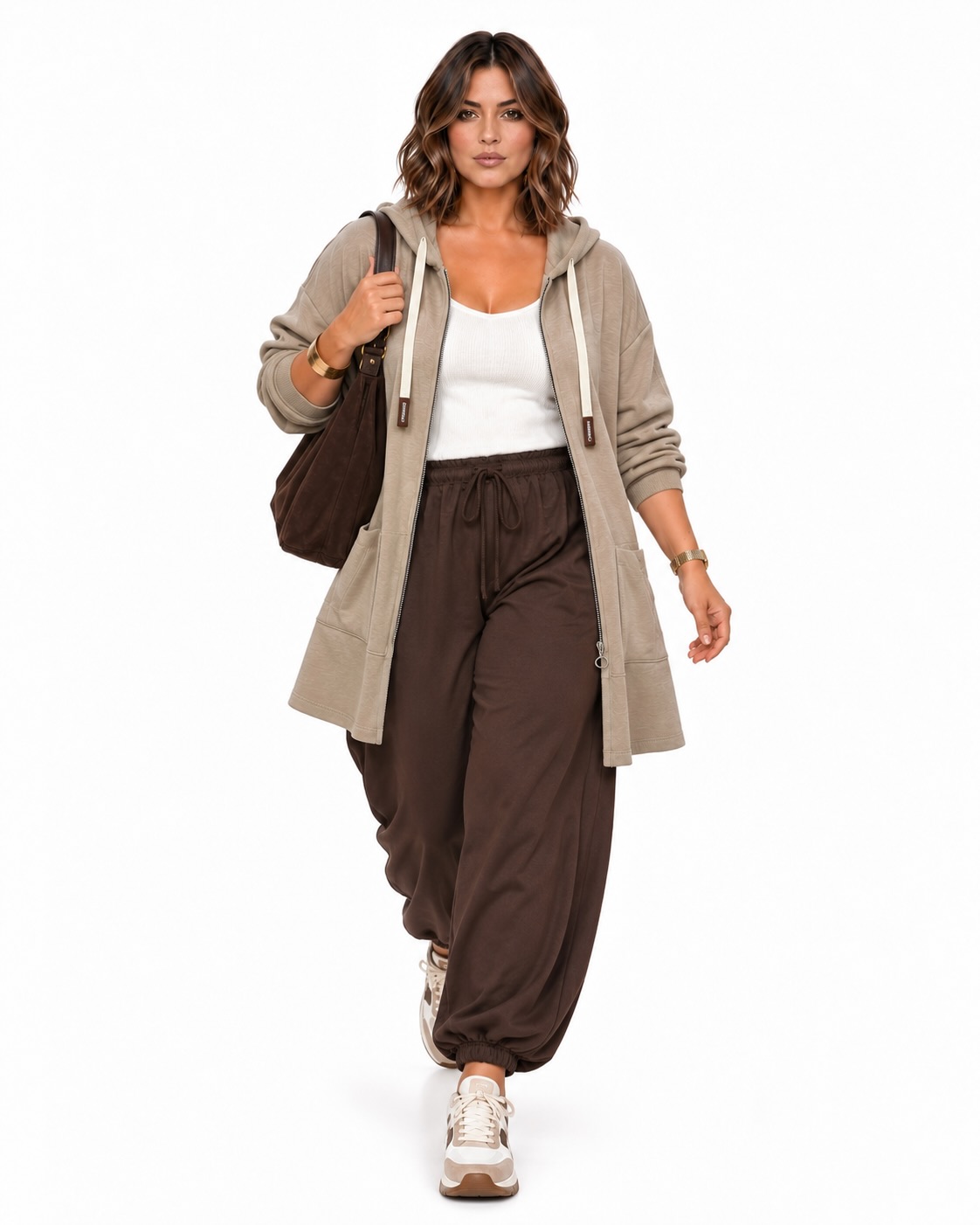 Look completo Chaqueta beige con capucha, detalle de leopardo, cremallera y bolsillos delanteros