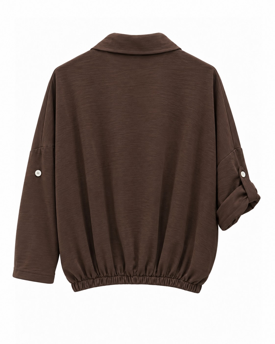 Chaqueta cargo chocolate de mujer curvy en tejido fluido con bajo elástico vista espalda
