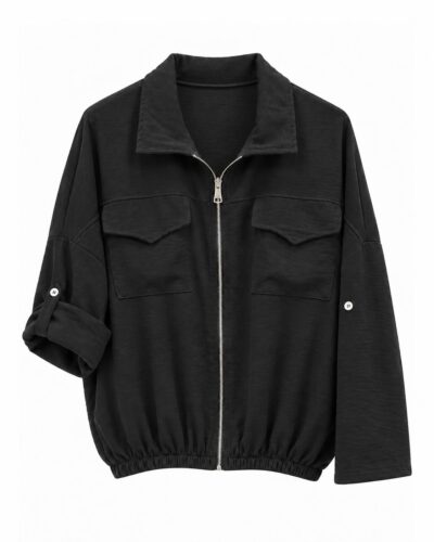 Chaqueta cargo negra curvy con cremallera, bolsillos de solapa y mangas ajustables