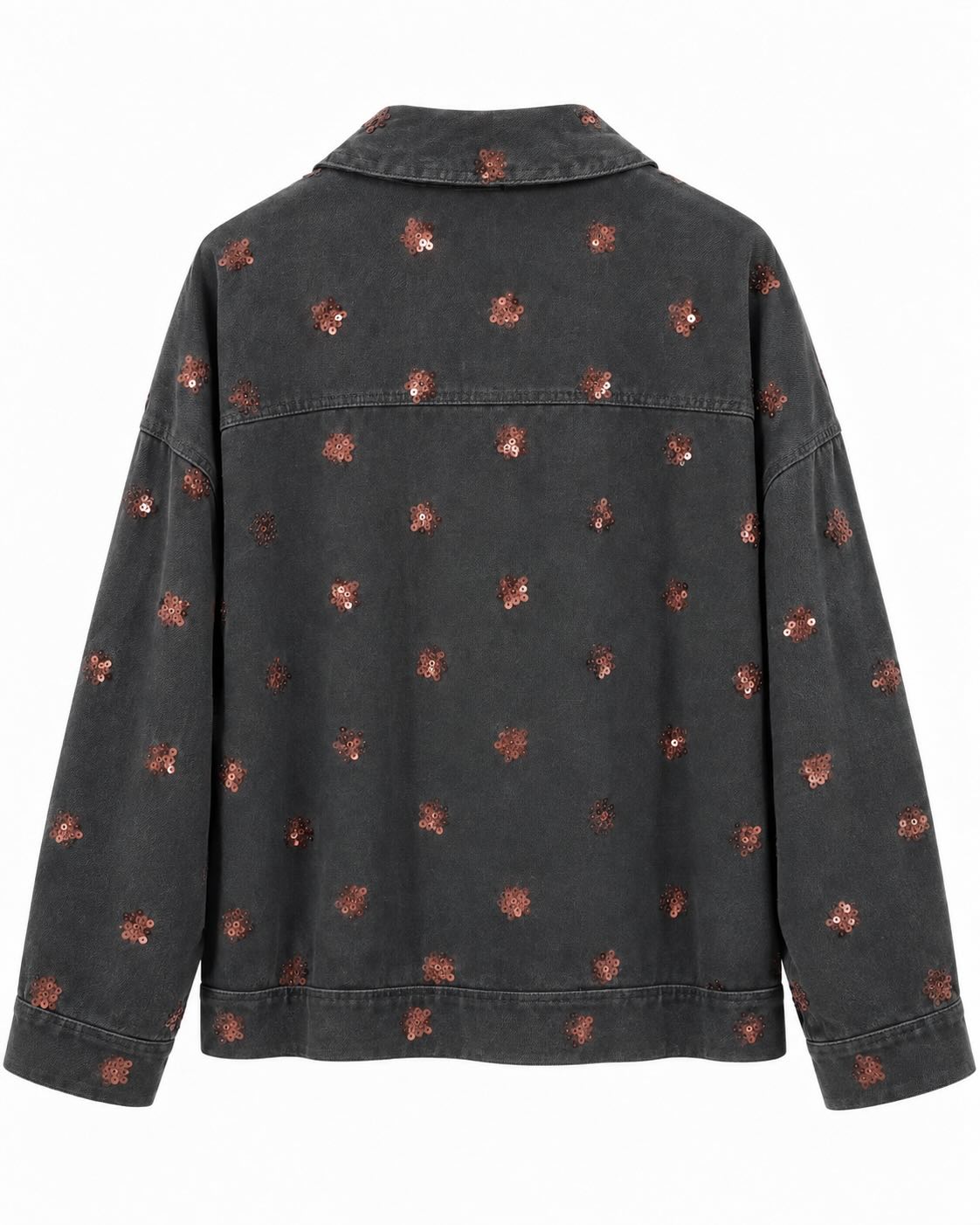 Cazadora vaquera Destellos gris de mujer curvy con lentejuelas color cobre vista de espalda