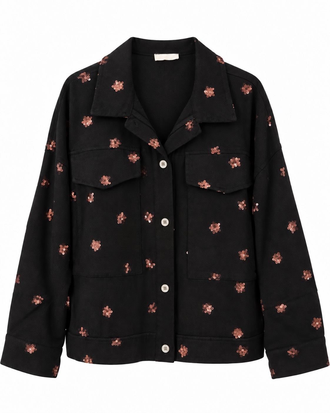 Chaqueta denim Destellos negra de mujer con aplicaciones brillantes, cuello con solapa, bolsillos delanteros y cierre de botones.