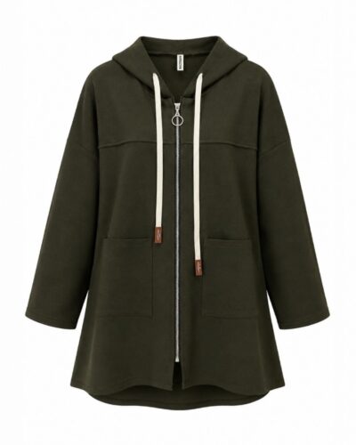 chaqueta kaki Nómada oversize con capucha, cremallera y bolsillos