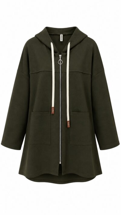 Delantero chaqueta kaki Nómada oversize con capucha, cremallera y bolsillos