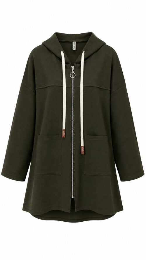 Delantero chaqueta kaki Nómada oversize con capucha, cremallera y bolsillos