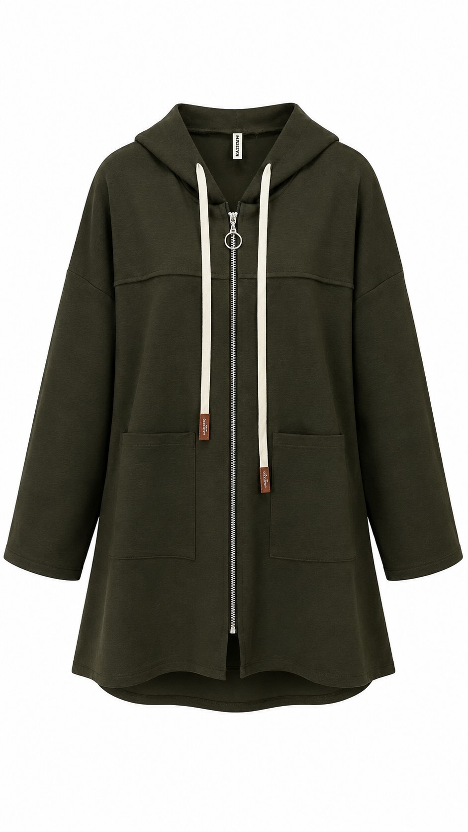 Delantero chaqueta kaki Nómada oversize con capucha, cremallera y bolsillos