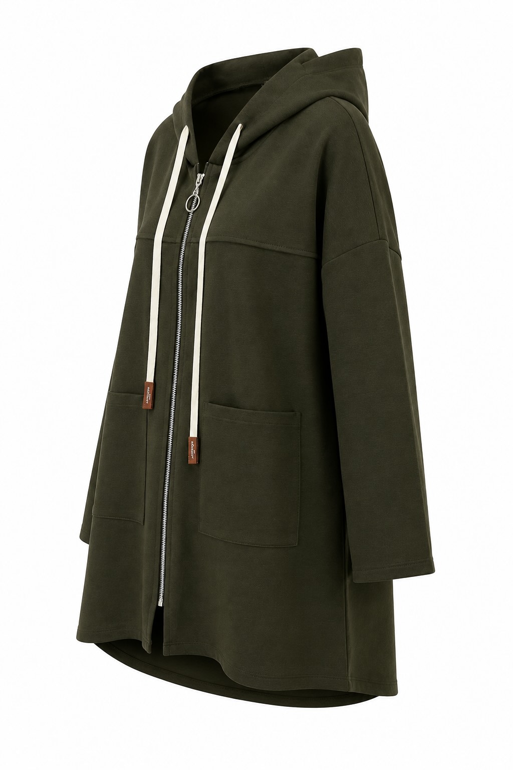 Lateral chaqueta kaki Nómada oversize con capucha, cremallera y bolsillos