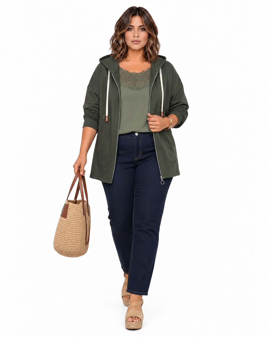 chaqueta kaki Nómada oversize con capucha, cremallera y bolsillos