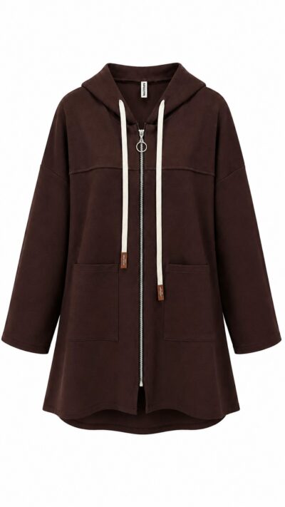 Delantero chaqueta marrón Nómada oversize con capucha, cremallera y bolsillos