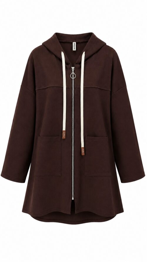 Delantero chaqueta marrón Nómada oversize con capucha, cremallera y bolsillos