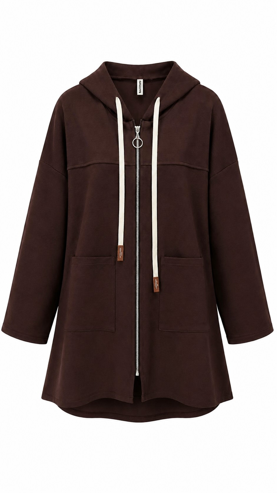 Delantero chaqueta marrón Nómada oversize con capucha, cremallera y bolsillos