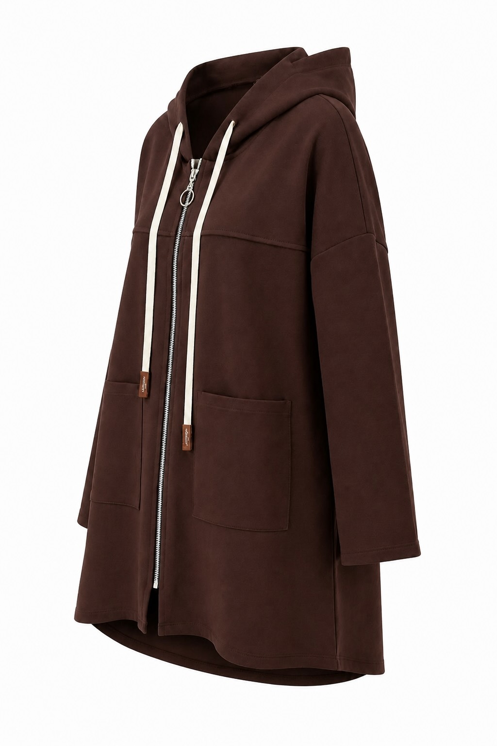 Lateral chaqueta marrón Nómada oversize con capucha, cremallera y bolsillos