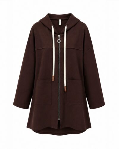 Delantero chaqueta marrón Nómada oversize con capucha, cremallera y bolsillos