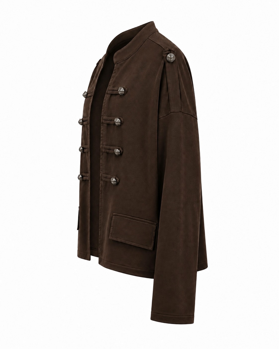 Vista lateral de la chaqueta militar marrón chocolate de manga larga