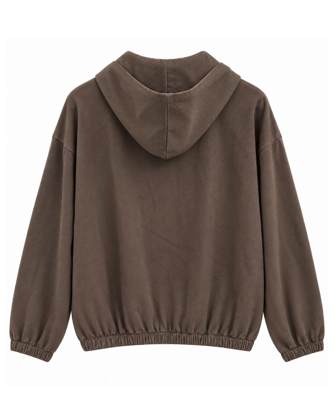Chaqueta Napoleón chocolate de mujer curvy con capucha, corte amplio y bajo elástico, vista de espalda