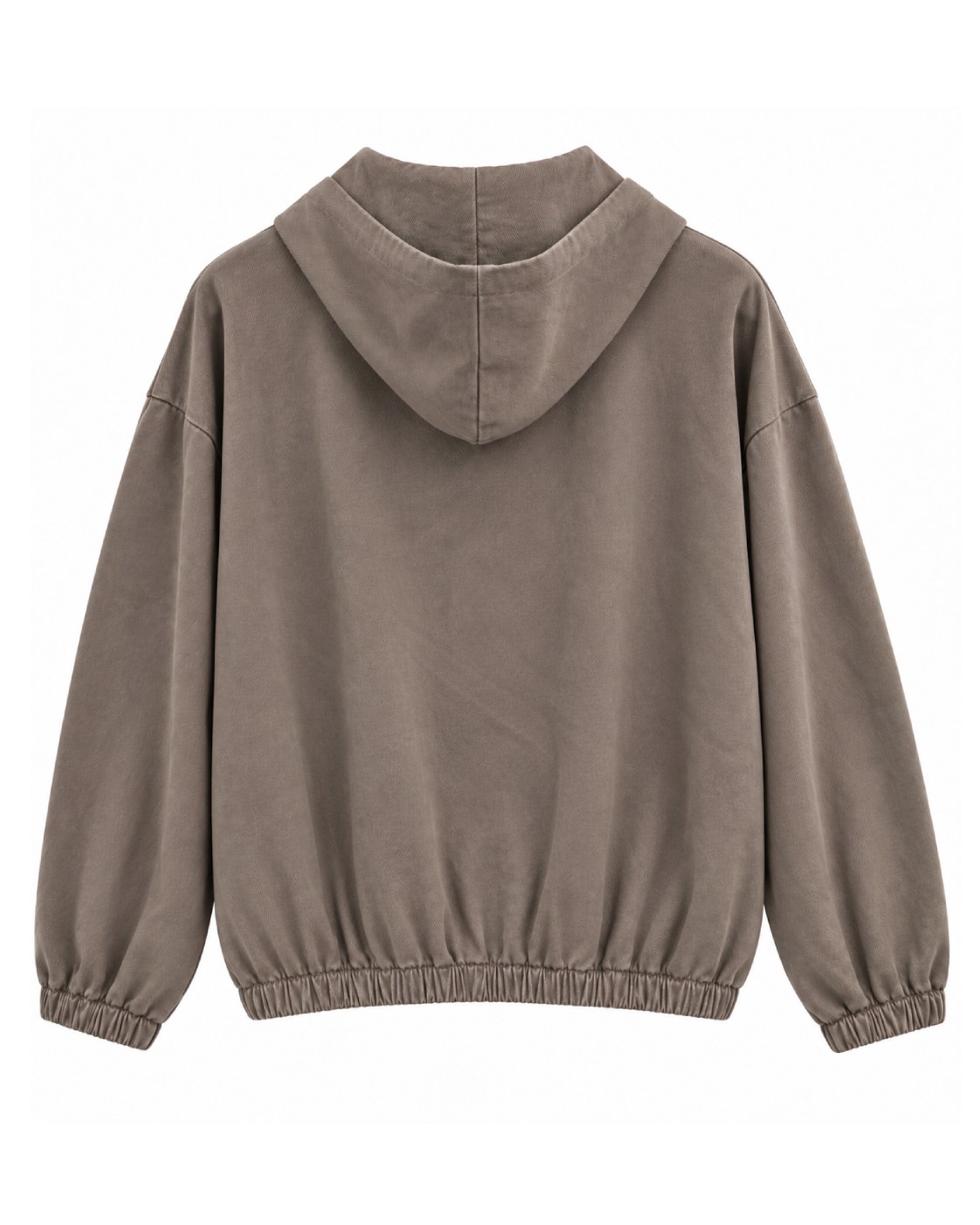 Chaqueta Napoleón topo de mujer curvy con capucha, corte amplio y bajo elástico, vista de espalda