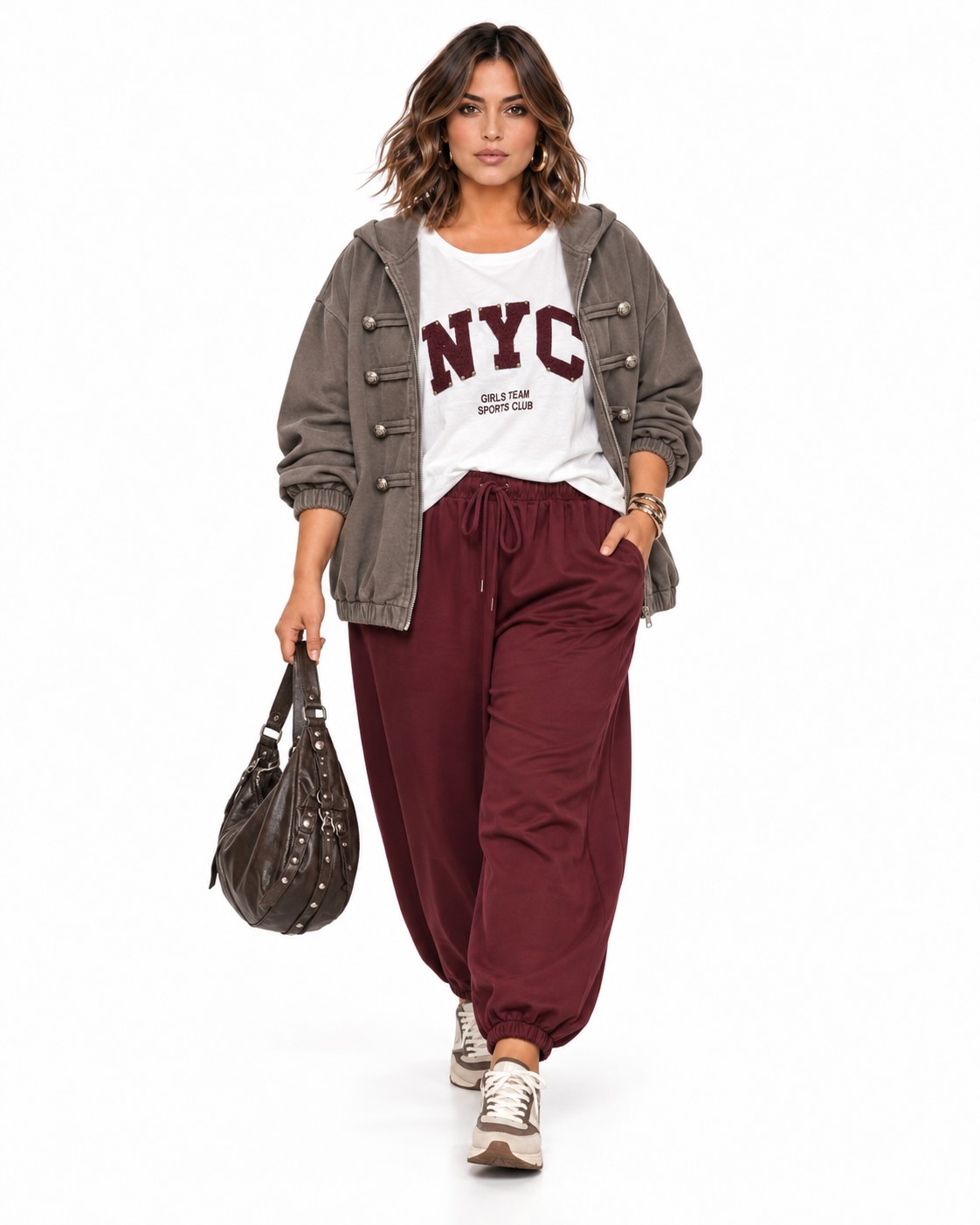 Look completo Chaqueta Napoleón topo de mujer curvy con capucha, cremallera y detalles militares con botones metálicos, vista delantera