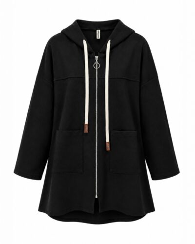 Delantero chaqueta negra Nómada oversize con capucha, cremallera y bolsillos
