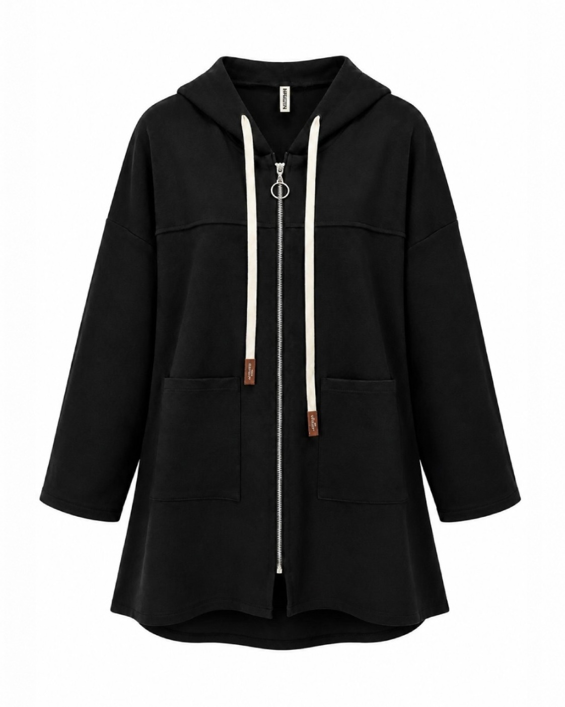 Delantero chaqueta negra Nómada oversize con capucha, cremallera y bolsillos