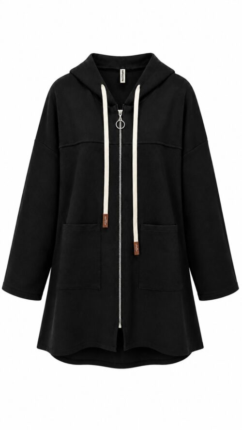 Delantero chaqueta negra Nómada oversize con capucha, cremallera y bolsillos
