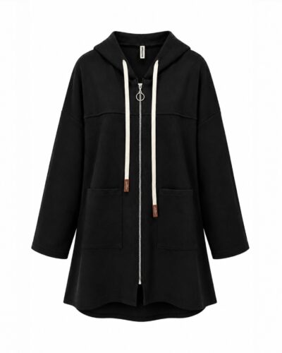 Delantero chaqueta negra Nómada oversize con capucha, cremallera y bolsillos