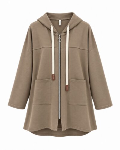 Chaqueta Nómada topo curvy con capucha, cremallera y bolsillos delanteros