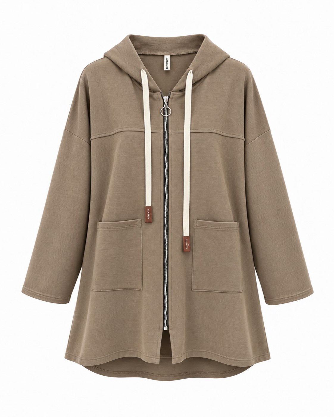 Chaqueta Nómada topo curvy con capucha, cremallera y bolsillos delanteros