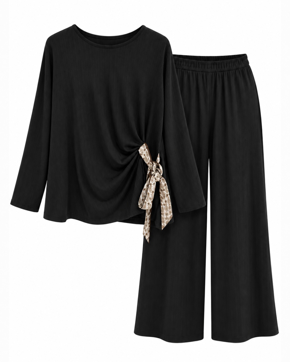Pantalón negro de pernera ancha con cintura elástica y tejido de textura vertical