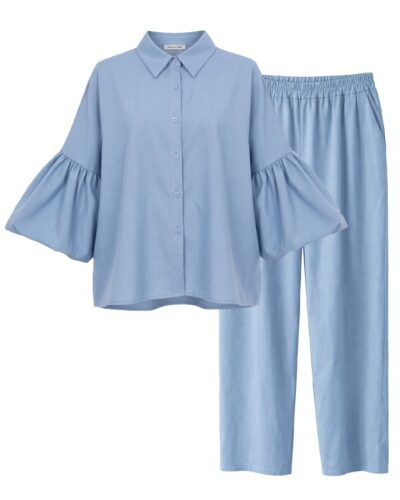 Conjunto Flow denim claro mujer curvy con camisa de manga volante y pantalón ancho
