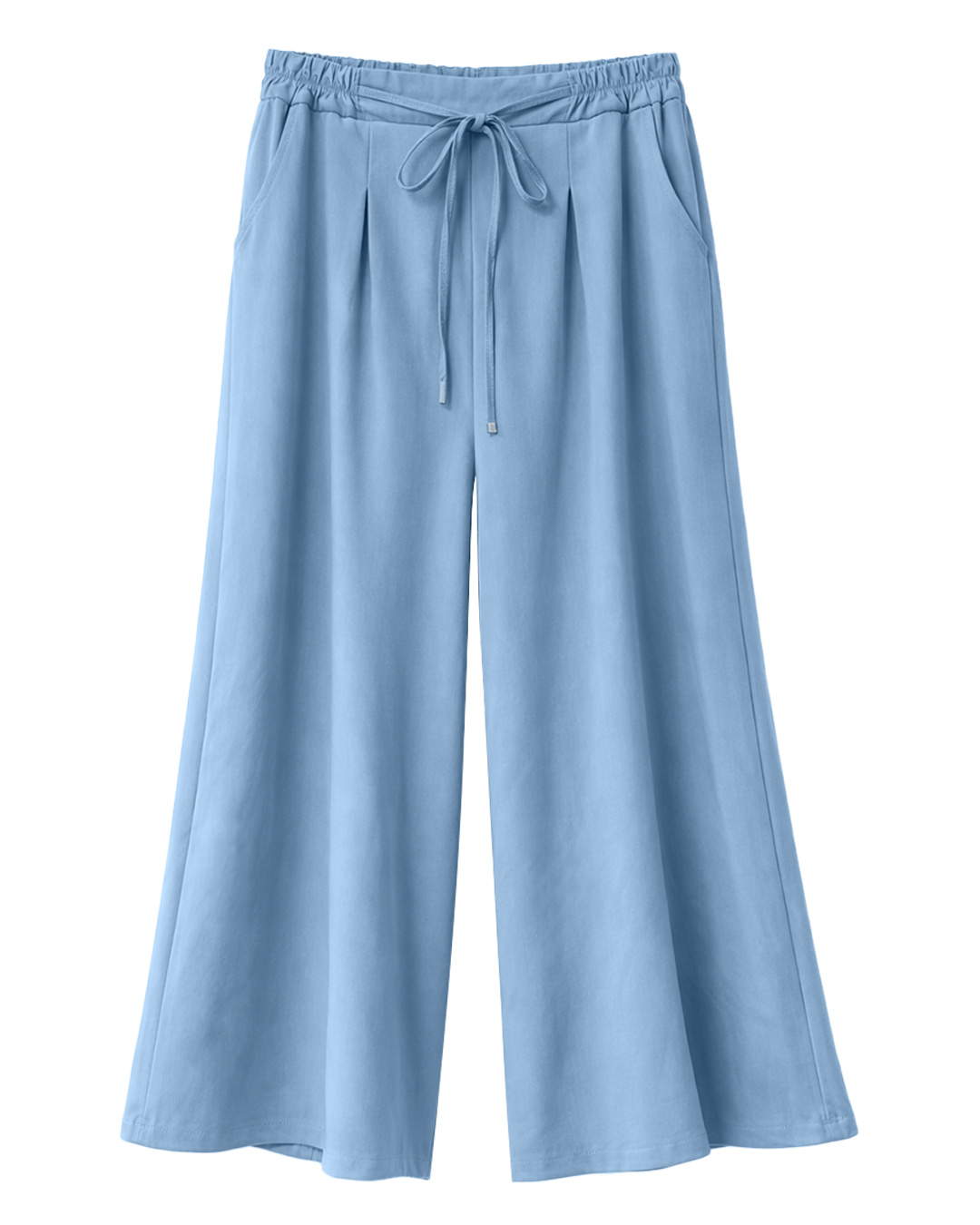 Conjunto Lúa denim claro de mujer con camisa asimétrica y pantalón de pierna ancha