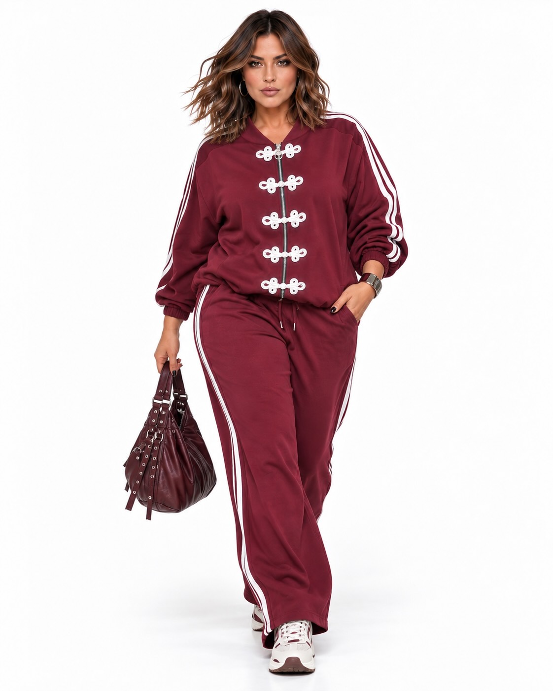 Look completo Conjunto Tokio burdeos de mujer curvy con chaqueta y pantalón de punto de neopreno