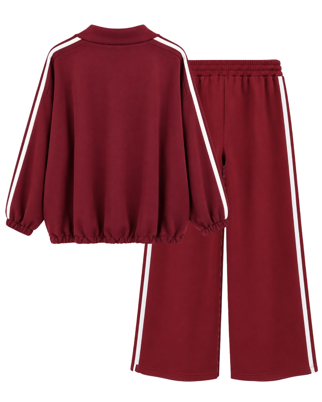 Conjunto Tokio burdeos de mujer curvy con chaqueta y pantalón visto de espalda