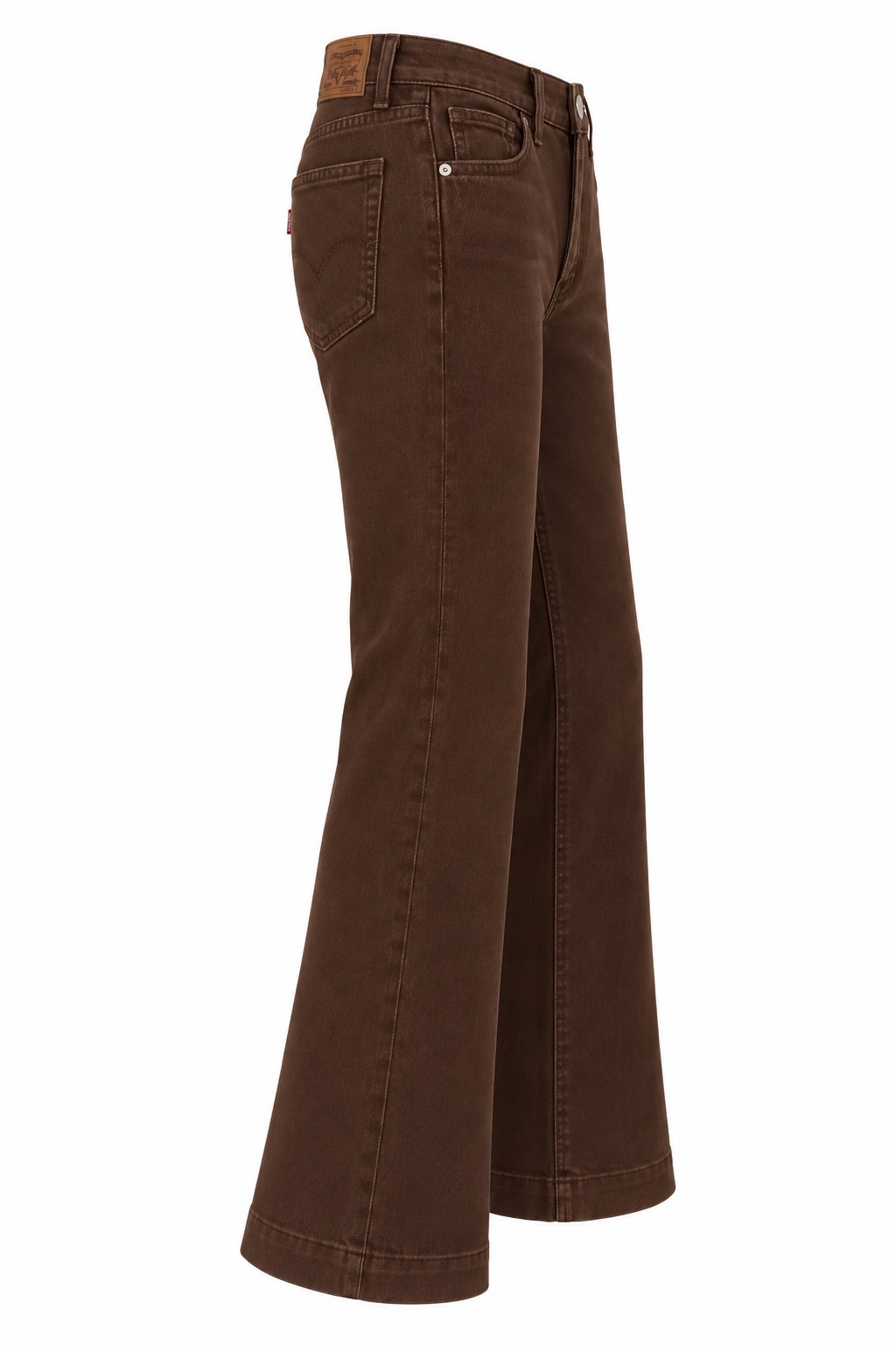 Vista lateral de los jeans flare marrón chocolate de tiro alto